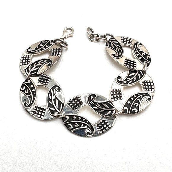 Designer Mexico Sterling Silver Patterned Oval Link 7 Inch Bracelet - Picture 2 of 5